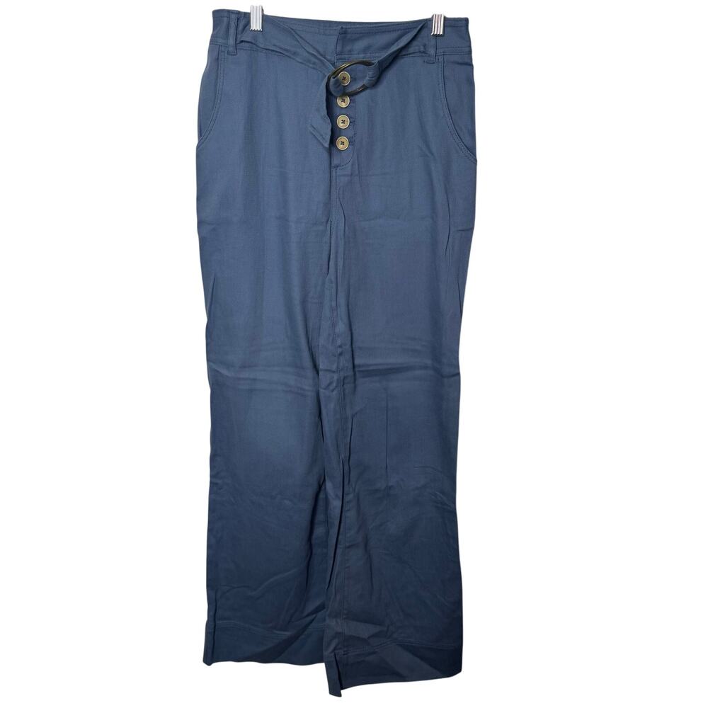 Anthropologie Wide Leg Pants Women‎ 2 Blue High Rise Button Front Belted Casual